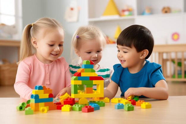 Un grupo diverso de niños jugando con juguetes