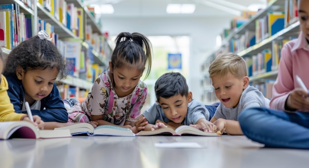 Grupo diverso de niños leyendo libros juntos en una biblioteca