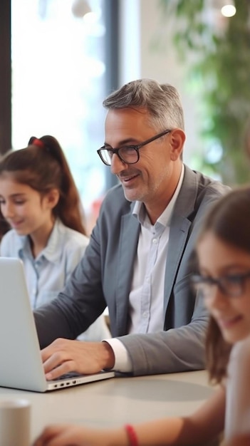 grupo diverso de niños con un maestro masculino usando una computadora portátil juntos en un aula de escuela moderna