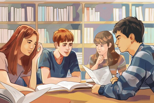 Un grupo diverso de personas absortas en la lectura y discusión de varios libros y material educativo