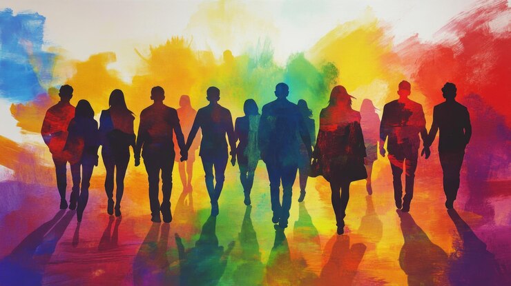 Foto un grupo diverso de personas caminando juntas siluetas en un fondo colorido