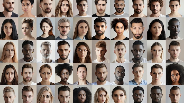 Foto un grupo diverso de personas de diferentes etnias y edades la gente está mirando a la cámara con expresiones neutrales