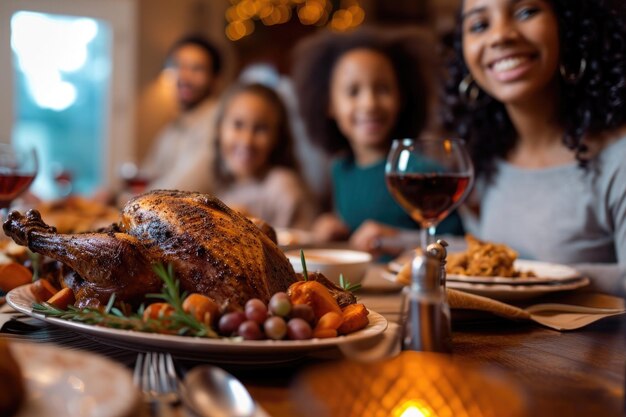 Un grupo diverso de personas disfrutando de una comida juntos en una mesa. Una familia disfrutando de una cena de Acción de Gracias llena de risas generada por IA.