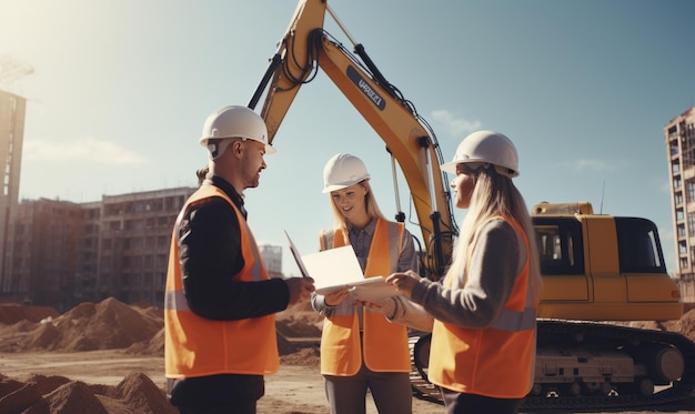 Un grupo diverso de personas está de pie alrededor de un sitio de construcción observando el progreso