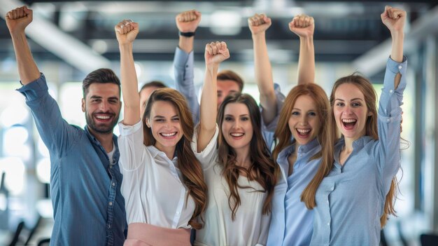 Un grupo diverso de personas felices celebra el éxito con los puños en alto en un entorno de oficina moderno