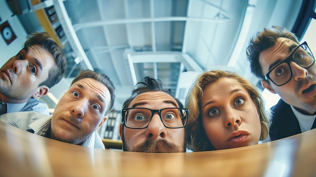 Un grupo diverso de personas, incluidos gerentes divertidos, amigables y felices, de pie alrededor de una mesa de madera participando en una animada discusión