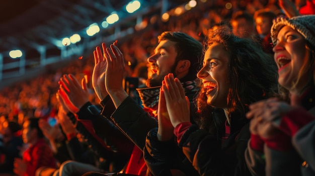 Un grupo diverso de personas con las manos levantadas en unidad y alegría en un estadio lleno de gente