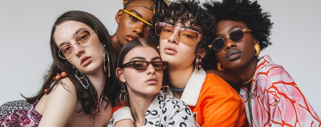 Un grupo diverso de personas de moda se agrupan cerca una de la otra.