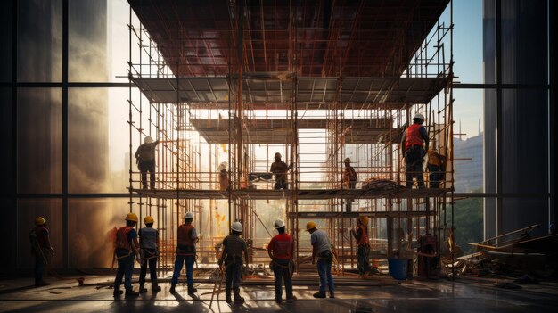 Un grupo diverso de personas observa y discute un edificio en construcción