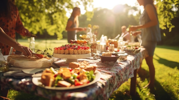 Foto un grupo diverso de personas se reúne alrededor de una mesa llena de un banquete de deliciosa comida