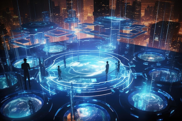 Un grupo diverso de personas se unen frente a un paisaje urbano futurista que muestra unidad y progreso Ciberespacio de ciencia ficción con hologramas interactivos y plataformas flotantes Generado por IA