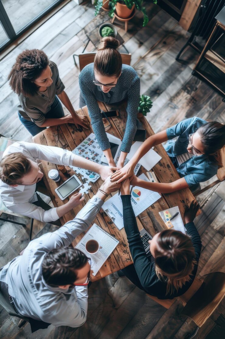 Un grupo diverso de profesionales juntando sus manos en unidad simbolizando el trabajo en equipo, la colaboración y el éxito.