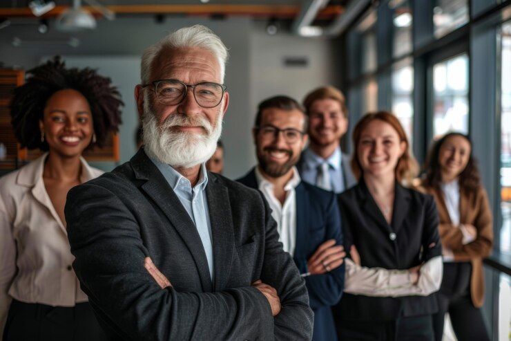 Un grupo diverso de profesionales de negocios de pie juntos en una oficina moderna con aspecto confiado y unido