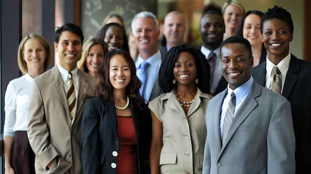 Un grupo diverso de profesionales de negocios en trajes y trajes formales posan para una foto. La gente está sonriendo y mirando a la cámara.