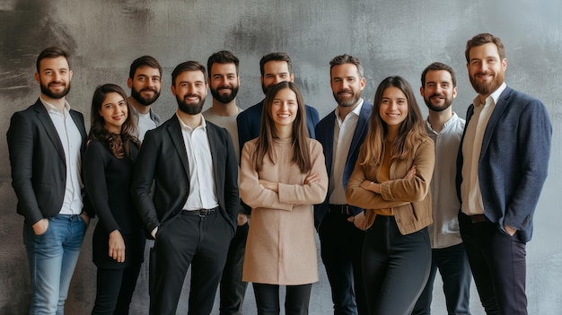 Un grupo diverso de profesionales posando juntos en un entorno de oficina moderno que muestra el trabajo en equipo y la colaboración en el lugar de trabajo