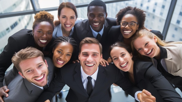 un grupo diverso sonríe el trabajo en equipo conduce al éxito