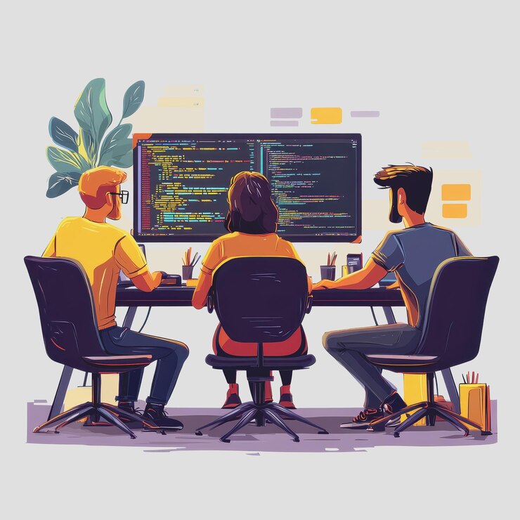 Foto un grupo diverso de tres personas que colaboran en un proyecto de codificación con una pantalla de computadora de colores que muestra lenguajes de programación y un espacio de trabajo vibrante