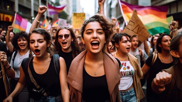 Foto un grupo de diversos activistas marchando en una concurrida calle de la ciudad llevando pancartas coloridas y gritando lemas promoviendo la igualdad de género, la justicia racial y los derechos lgbtq