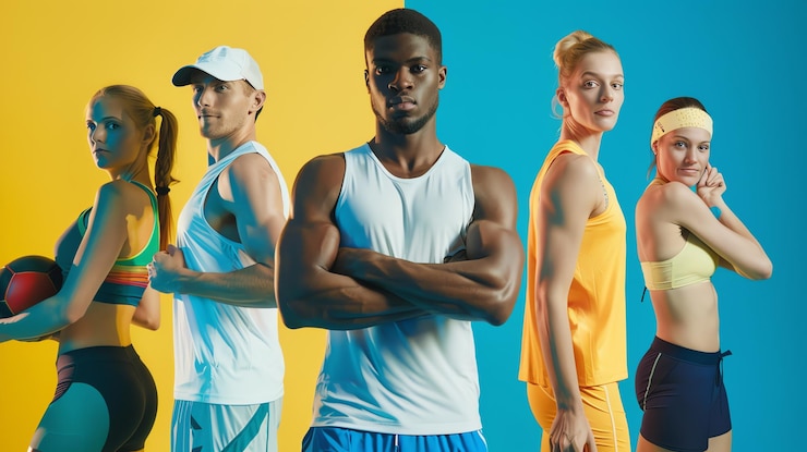 Foto grupo de diversos atletas en ropa deportiva de pie en una fila contra un fondo colorido