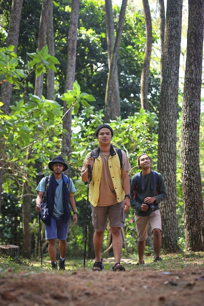 Grupo de diversos jóvenes amigos varones con mochila caminando por el bosque y caminando por la montaña