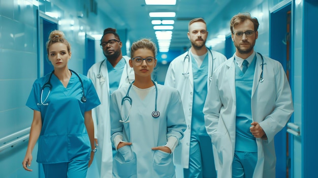 Un grupo de diversos médicos y enfermeras caminan con confianza por un pasillo del hospital todos llevan trajes azules y abrigos de laboratorio blancos