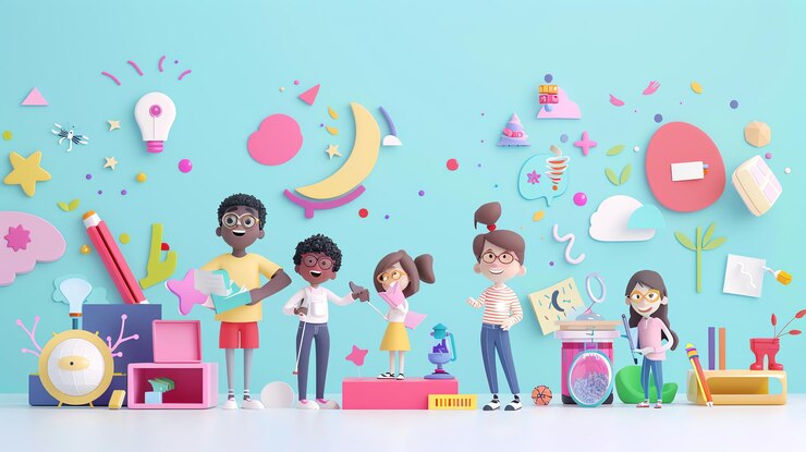 Foto un grupo de diversos niños de dibujos animados de pie frente a un fondo colorido con elementos caprichosos
