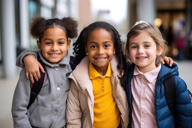 Grupo de diversos niños de la escuela primaria de pie juntos y mirando a la cámara