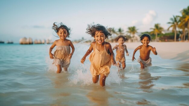 Grupo de diversos niños pequeños disfrutando y corriendo juntos en el mar en una playa tropical durante sus vacaciones de verano La IA generativa