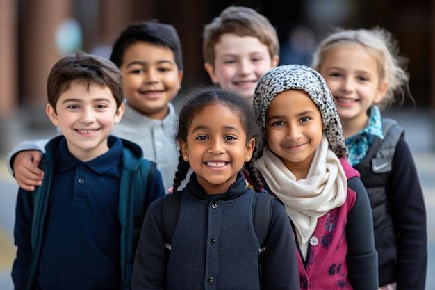 Grupo de diversos niños de primaria parados juntos y mirando a la cámara