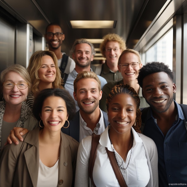 Un grupo de diversos profesionales de negocios posando para una fotografía en un ascensor.