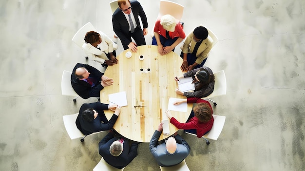 Foto un grupo de diversos profesionales de negocios sentados alrededor de una mesa redonda teniendo una reunión todos llevan trajes o vestimenta formal de negocios