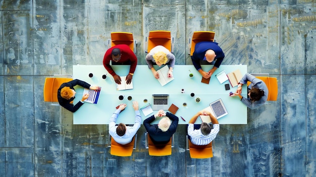 Un grupo de diversos profesionales de negocios sentados alrededor de una mesa teniendo una reunión