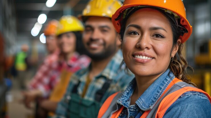 Un grupo de diversos trabajadores de la construcción con cascos y chalecos de seguridad sonriendo y mirando a la cámara