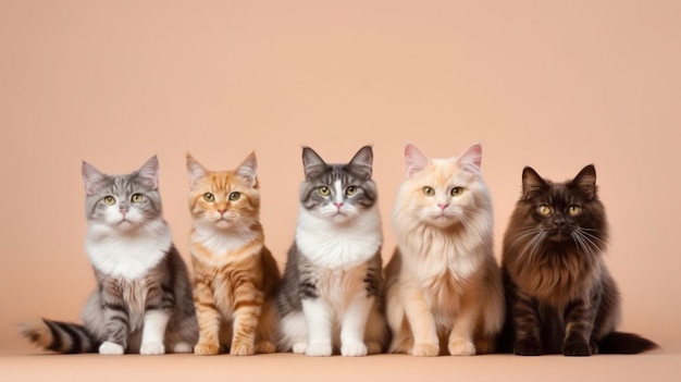 Un grupo de divertidos gatos multicolores de diferentes razas mira a la cámara Gatos sobre un fondo beige de color melocotón Mascotas divertidas Copiar espacio Banner Generativo AI