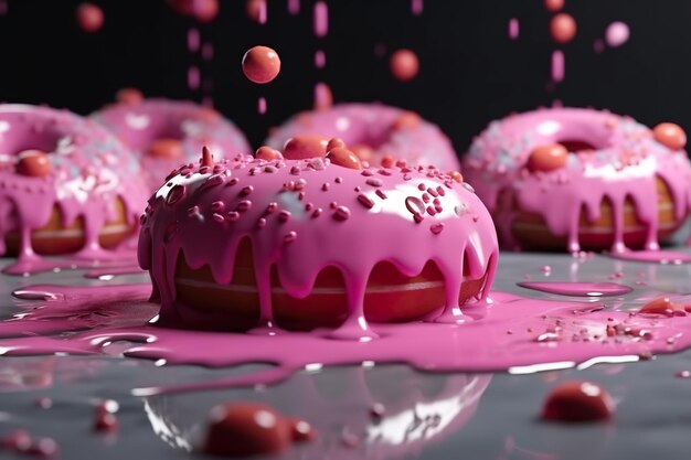 Un grupo de donas cubiertas de glaseado rosa y chispas Imagen de IA generativa