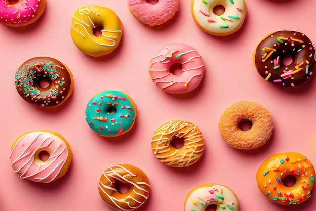 Grupo de donuts coloridos se encuentra sobre fondo rosa Ai generativo