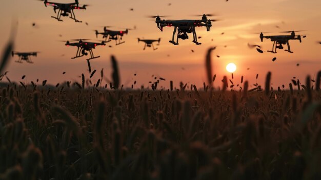 grupo de drones sincronizados que trabajan juntos para varias tareas agrícolas