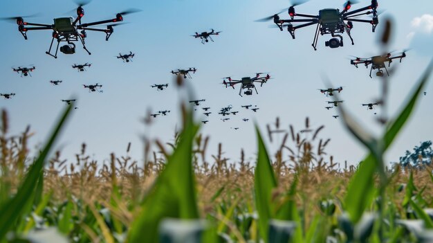 Foto grupo de drones sincronizados que trabajan juntos para varias tareas agrícolas