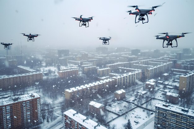 Grupo de drones sobre la ciudad en un día o mañana de invierno