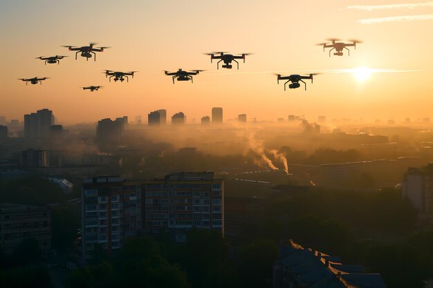 Grupo de drones sobre la ciudad en la mañana de verano