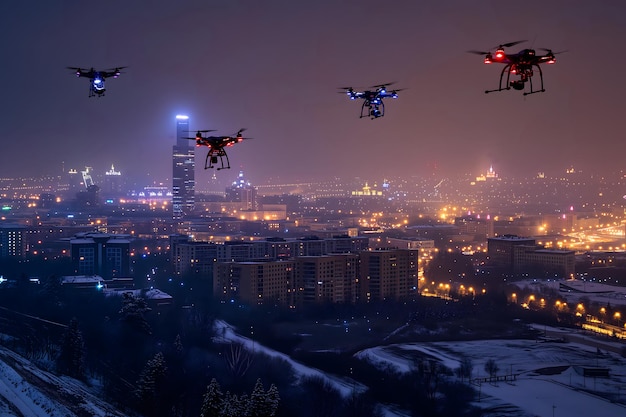 grupo de drones sobre la ciudad en una noche de invierno nevada