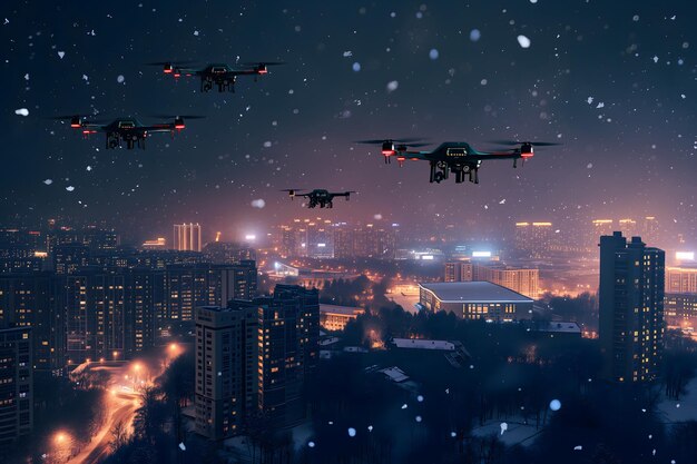 grupo de drones sobre la ciudad en una noche de invierno nevada