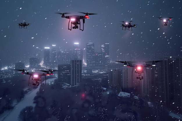 Grupo de drones sobre la ciudad en una noche de invierno nevada