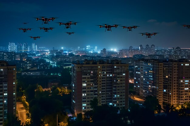 Grupo de drones sobre la ciudad en una noche de verano