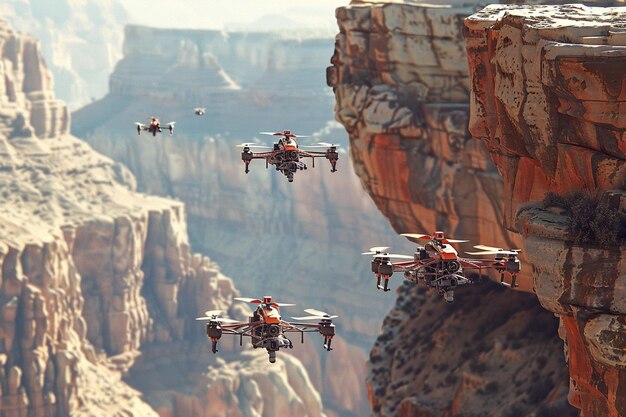 un grupo de drones voladores con una montaña en el fondo