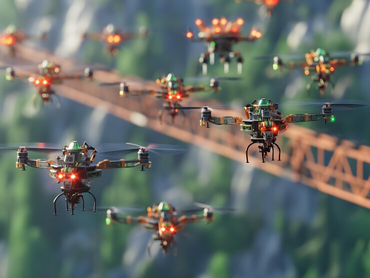 Foto un grupo de drones volando sobre un puente