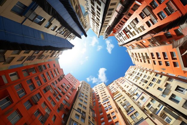 un grupo de edificios altos con un cielo azul en el fondo