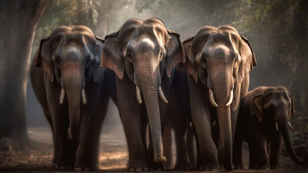 Un grupo de elefantes se para en una fila con la palabra elefante en el frente.