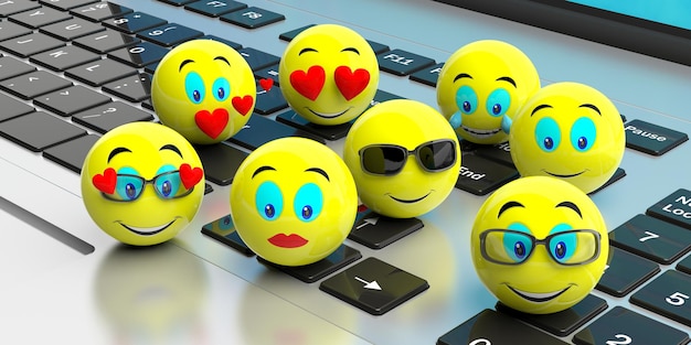 Foto grupo de emojis amarillos en una computadora portátil ilustración 3d