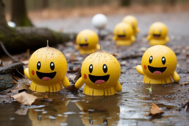 un grupo de emojis amarillos parados en un charco de agua